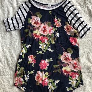 First Look Floral Tee with Striped Sleeves